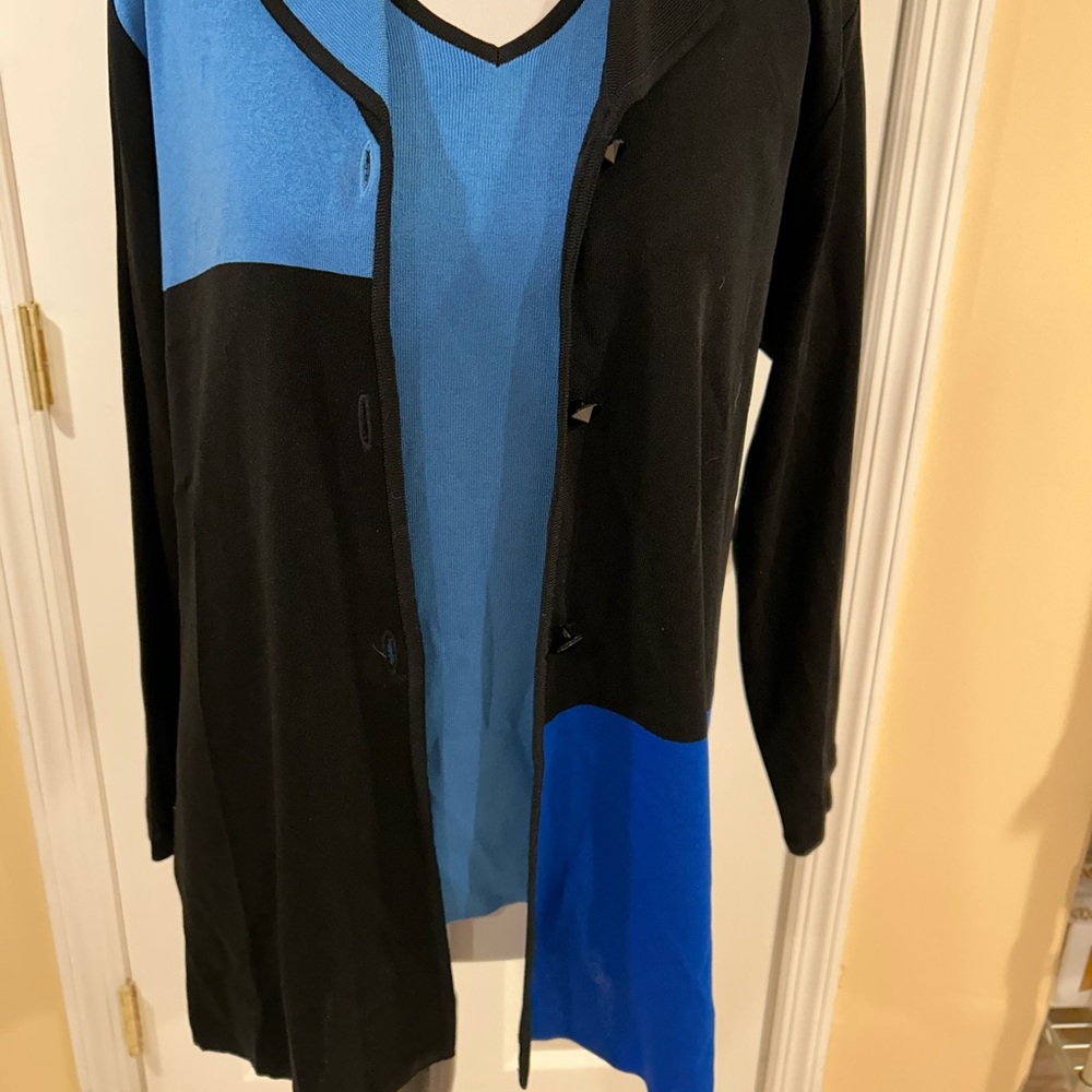 Misook Colorblock TwinSet Tank/Cardigan Acrylic Blue Black Size M Medium 2 pc